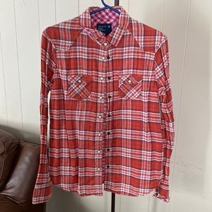 American Eagle orange and whit plaid button up shirt. Size 10